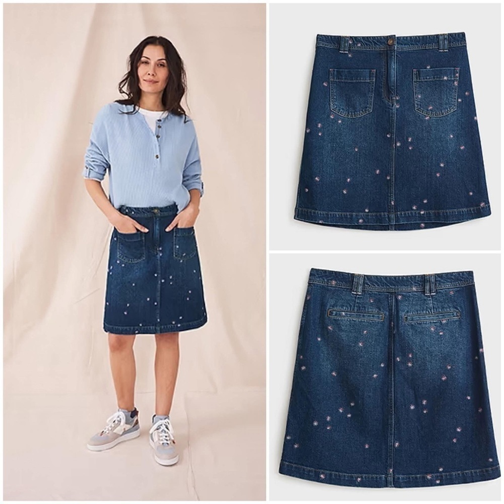 White Stuff - Melody Embroidered Jean skirt. 99% cotton with elastane. Size: 16.
